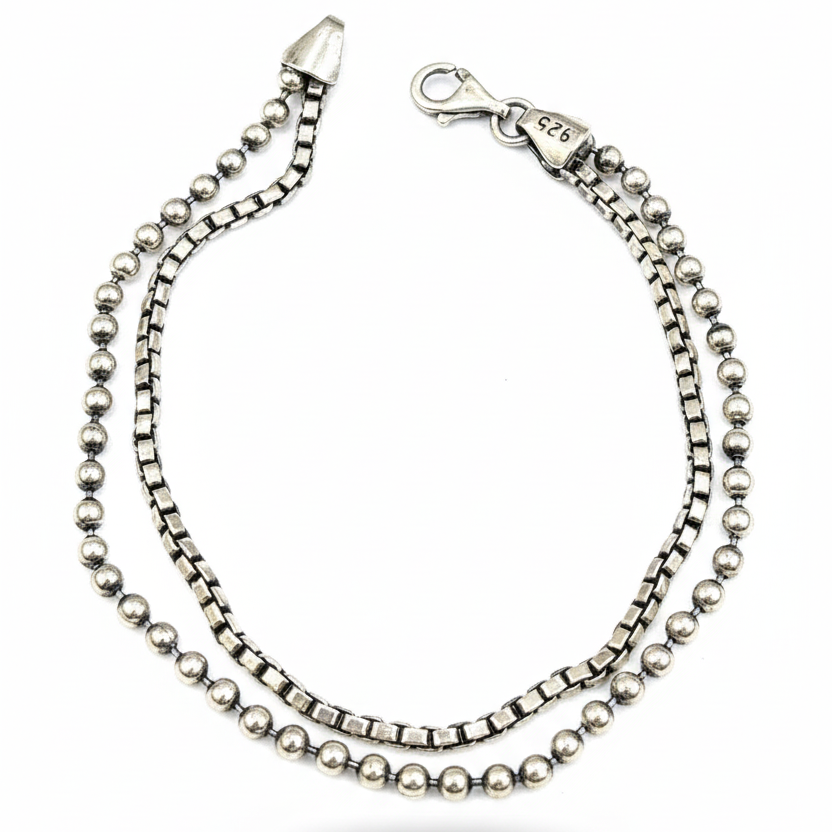 Silver Dual-Strand Box & Bead Layered Bracelet