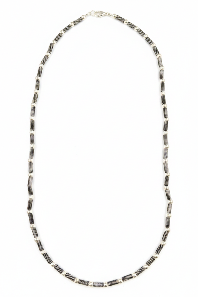 Silver 925 Oxidized Mesh & Bead Station Necklace