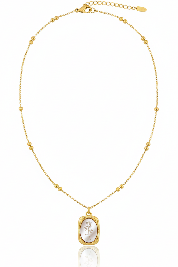 Rose Etched Pearl Medallion Necklace