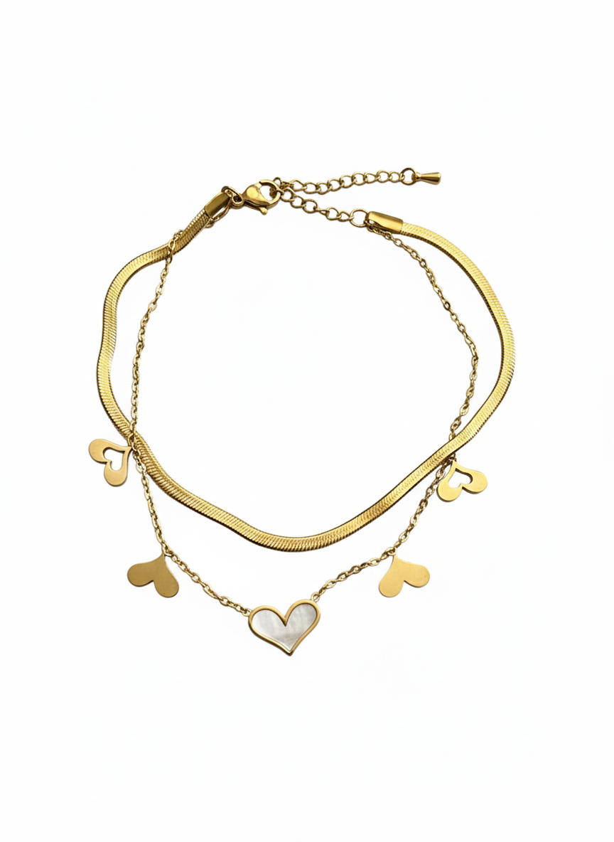 Layered Heart & Herringbone Anklet